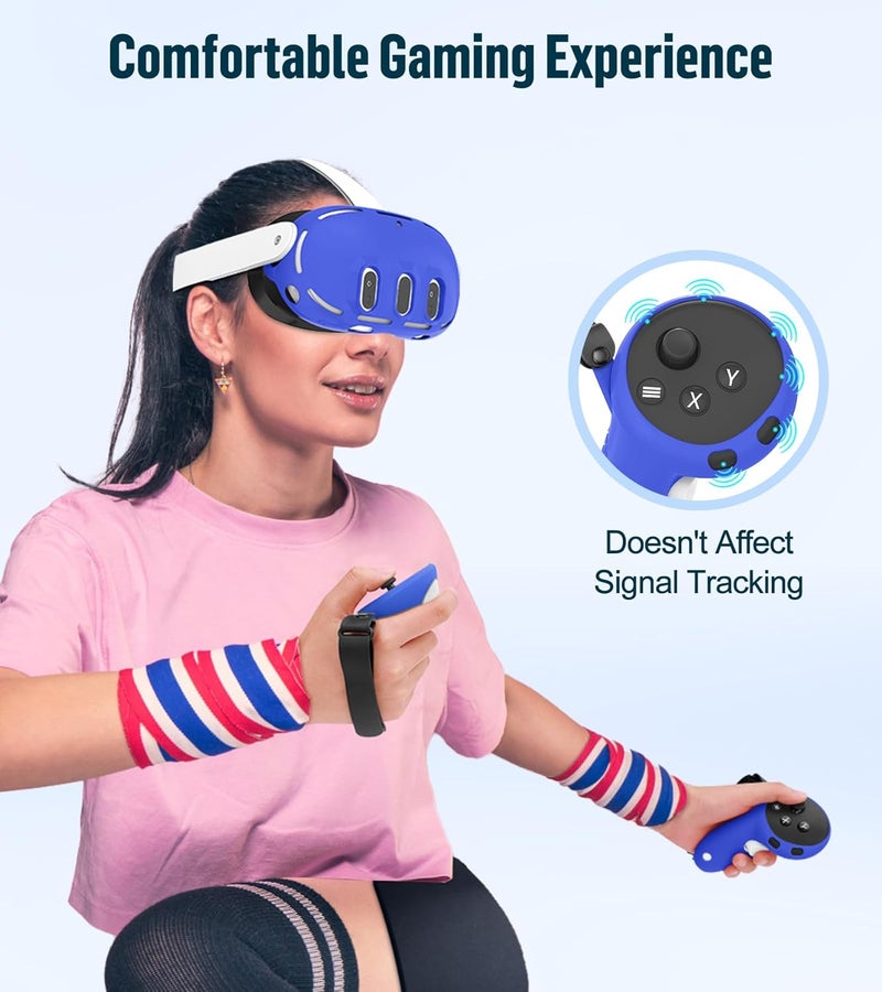 YRXVW مجموعة غطاء سيليكون متوافقة مع ميتا أوكولوس/كويست 3، ملحقات VR غطاء واقي تشمل مقابض التحكم، غطاء رأس أمامي وغطاء وجه، غير متوافق مع كويست 3S (أزرق) - Image 3